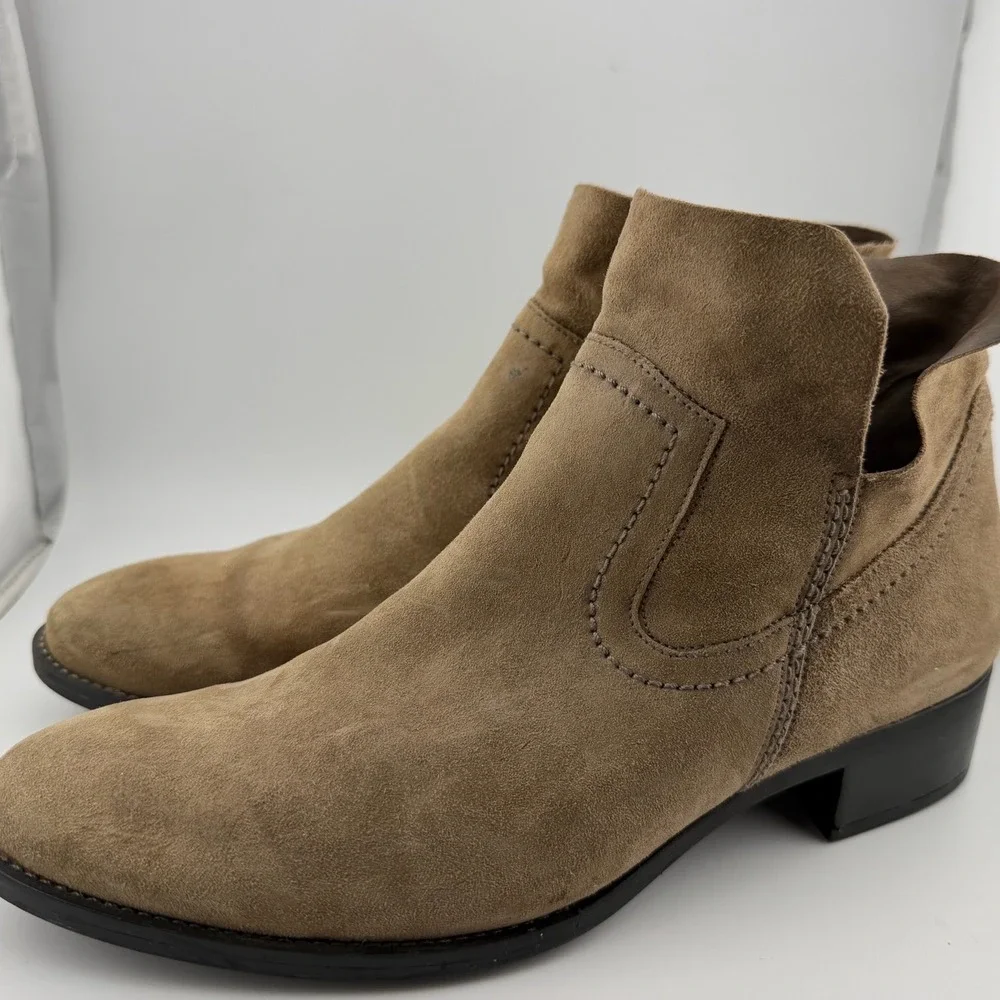 Paul Green Suede Ankle Boots 8.5 Tan Excellent Western Side‎ Zip Low Block Heel